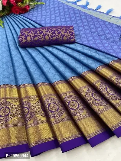 Stylish Cotton Silk Blue Printed Saree With Blouse Piece