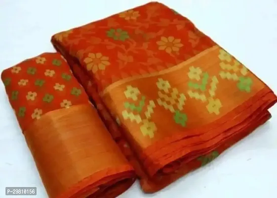 Stylish Cotton Blend Red Printed Saree With Blouse Piece-thumb0