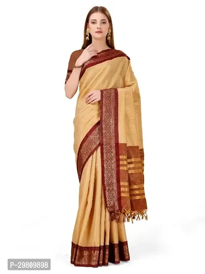 Stylish Cotton Silk Beige Printed Saree With Blouse Piece