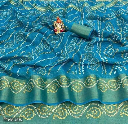 Stylish Cotton Blend Teal Printed Saree With Blouse Piece