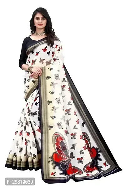 Stylish Cotton Blend White Printed Saree With Blouse Piece