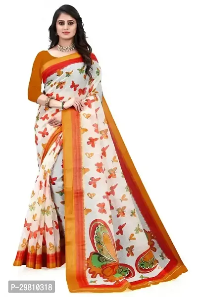 Stylish Cotton Blend White Printed Saree With Blouse Piece-thumb0