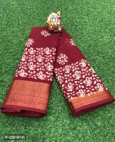 Stylish Cotton Blend Maroon Printed Saree With Blouse Piece-thumb0