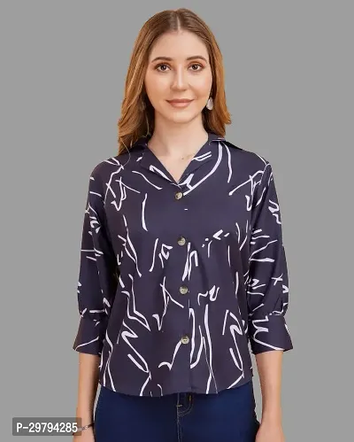 Elegant Blue Crepe Printed Shirt For Women-thumb0