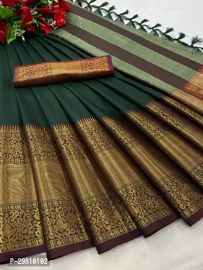 Stylish Cotton Silk Dark Green Printed Saree With Blouse Piece-thumb0