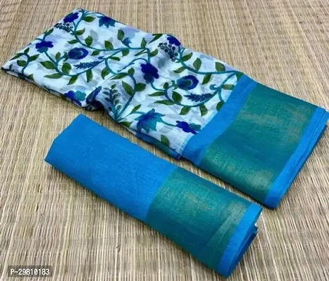 Stylish Cotton Blue Printed Saree With Blouse Piece-thumb0