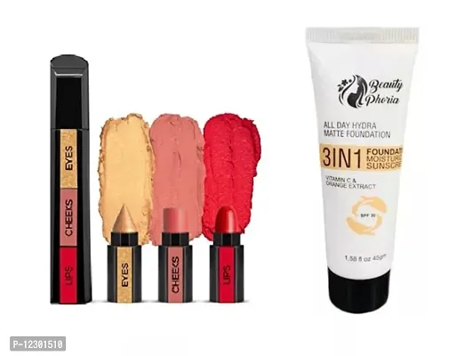3 Step Makeup Stick With Eye Shadow, Blush for Cheeks, and Lipstick, Complete Makeup of Eyes Cheek and Lips With 3 IN 1 HD Foundation Moisturizer Sunscreem ( 2 Item In Combo )