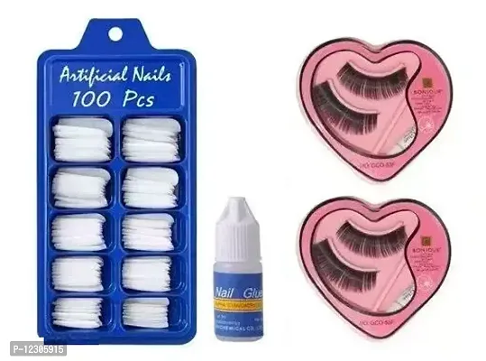 100 Pc Artificial Nails with nail glue and 2 pc bonjour eye lashes