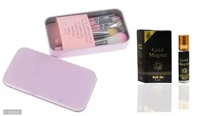 Admirable MakeUp Brushes With Pink Tin Box (Pack of 7 Brushes)  Magnet Roll-on (8ml) Attar