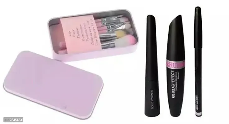 Admirable MakeUp Brushes With Pink Tin Box (Pack of 7)  False Lash Effect Liquid Eyeliner, Mascara  Eyebrow Pencil 3 In 1