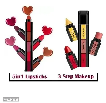 3 Step Makeup Stick Eye Shadow, Blush, and Lipstick, Complete Makeup of Eyes Cheek and Lips With 5 in 1 Matte Lipstick Multi color Combo of 2 items-thumb0