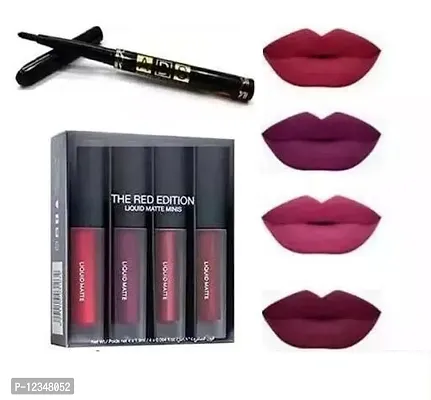 Liquid lipstick Matte mini 4 in 1 (4 pc of mini lipstick) ( Red Edition ) with 1 pc waterproof kajal