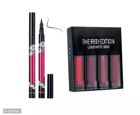 Matte Minis Liquid Lipstick Set of 4 lipstick ( Red Edition ) with 36h Water Proof eye liner 1 pc