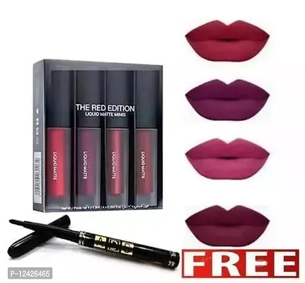 Matte Liquid Lipstick 4 in 1 Liquid Lipstick (Red Edition) With 1Pc Kajal Free ( Kajal Free )