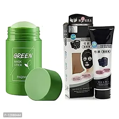 Beauty Combo Of Green Tea Purifying Clay Stick Mask Oil Control Anti-Acne, Green Tea Facial Detox Mud Mask Blackhead remover And Charcoal Oil Control Anti-Acne Deep Cleansing Peel Off Face Mask