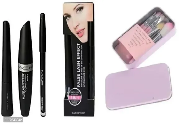 False Lash Effect Eyebrow Pencil, Mascara,  Eyeliner With Hello Kitty Make up Brush Tin Box Soft Brush ( 7 Pc )