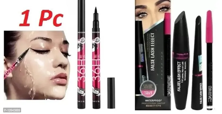 36 Hour Nature 36 Hours Long lasting Black Waterproof Eyeliner and False Lash Effect ( 3 In 1 ) Water Proof Eyeliner, Mascara With Eyebrow Pencil, ( Black )