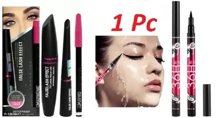 Flase Lash Effect 3in1 Waterproof Eyeliner, Mascara With Eyebrow Pencil 3 g (Black) With 36 H Water Proof Eyeliner ( Black ) ( 1 Pc )-thumb0