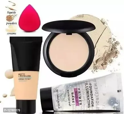 Make Combo Of 4 Item 1st is Makeup Base Primer 2nd is Foundation 3rd is Compact Powder and 4th is 1pc Makeup Blender Puff