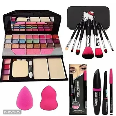 False Lash 3in1 Eyeliner,Mascara,Eyebrow Pencil with 2Pc Blenders Puff With Tiya 6155 Multicolor Eye Shadow  7Pc Mini Makeup Brush Kit In Tin Box ( Black Or Pink Any 1 )