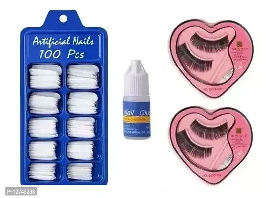False Eyelashes with glue 2 pairs + 100 Tips Artificial Nails + Nail Glue