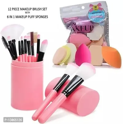 Professional 12 Piece Makeup Brush Set With Box + Soft 6 in 1 Makeup Sponge Pack (Pack of 18)-thumb0