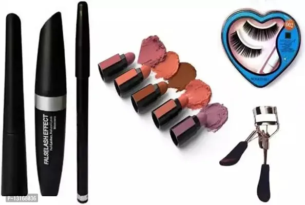 False Lash Effect 3in1 (Mascara,Eyeliner,Eyebrow Pencil)  Eye Lashes With Glue,   Eyelash Curler  5in1 Nude Edition Lipstick-thumb0