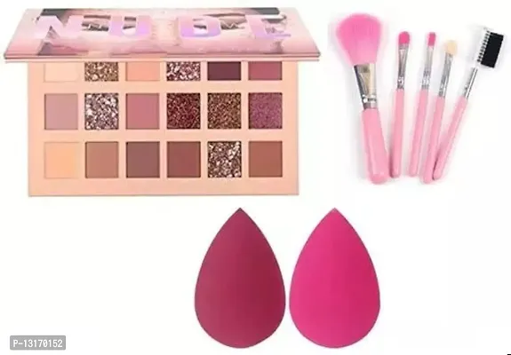 Nude Eye shadow palette for girls  ladies with 5 pc mini makeup brush  2pc makeup puff ( Multicolor )-thumb0