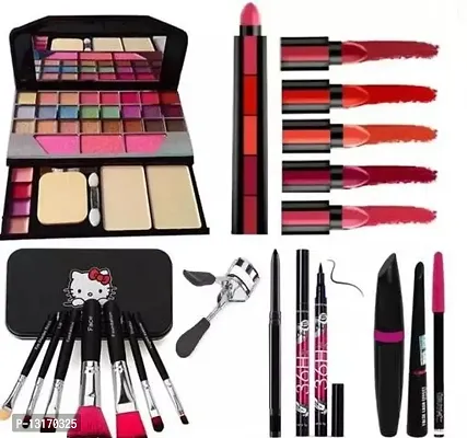 Multicolor Makeup kit Combo Tiya Eye shadow Palette + 5in1 matte lipstick + 7 pc makeup brush kit Color may be differ + Eye lash curler + kajal + 36h eye liner + 3in1 (mascara,eyeliner,eyebrow pencil)
