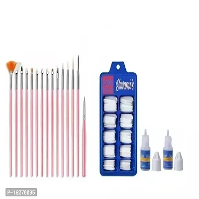 100 Artificial Nail with 2 pcs Nails Glue with 15Pcs Nail Art Brush Decoration Tool  (Multicolour)