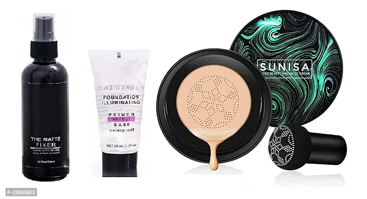 SUNISA BB and CC Cream Foundation With Mushroom Head Air Cushion Puff 20 GM and 1 Matte Fixer with 1 Foundation Illuminating Base Primer - (Pack of 3)