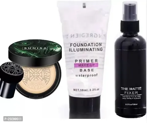 Sunisa Foundation Bb and Cc Cream With Mashroom  Shape Air Cushion Puff With Makeup Fixer  Illuminating Primer for Makeup Base