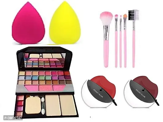 Apple Shape (Red  Maroon ) Shade Matte Lipstick 2 Pc  5 pc Mini Makeup Brush  2 Pc Makeup Blender Puff With TYA A Complete Makeup  Eye Shadow Palette ( A Complete Makeup Kit )