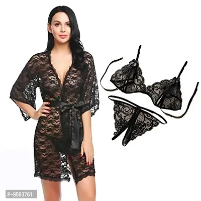 (Combo Offer) Shahnaz Fashion Beautiful Women Lace Front Open Nightwear Robe with Bra Panty Set Free Size. Red (Black) 30-40inch