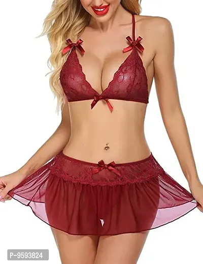 Newba Sexy Lingerie Set 3 Pieces Halter Bra, ,Mini Skirt with G-String, Lace Babydoll Lingerie Set for Newly Married Couples Honeymoon/First Night/Anniversary |for Women/Ladies/NaughtyGirls. (Red1)