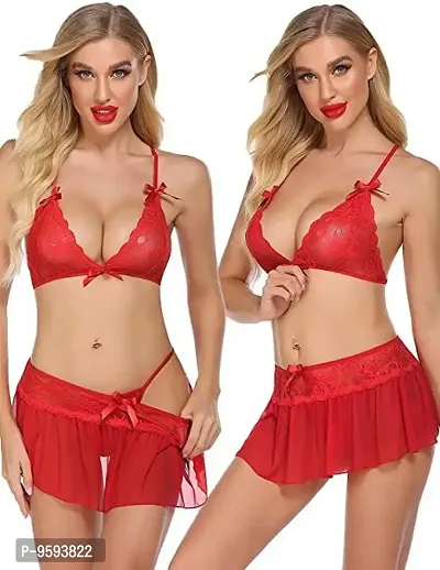 Newba Sexy Lingerie Set 3 Pieces Halter Bra, ,Mini Skirt with G-String, Lace Babydoll Lingerie Set for Newly Married Couples Honeymoon/First Night/Anniversary |for Women/Ladies/NaughtyGirls. (Red)-thumb3
