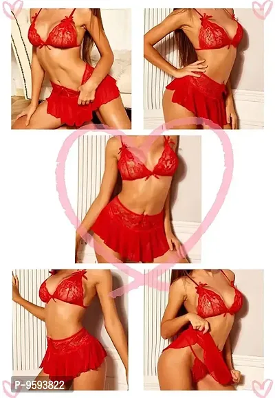 Newba Sexy Lingerie Set 3 Pieces Halter Bra, ,Mini Skirt with G-String, Lace Babydoll Lingerie Set for Newly Married Couples Honeymoon/First Night/Anniversary |for Women/Ladies/NaughtyGirls. (Red)-thumb4