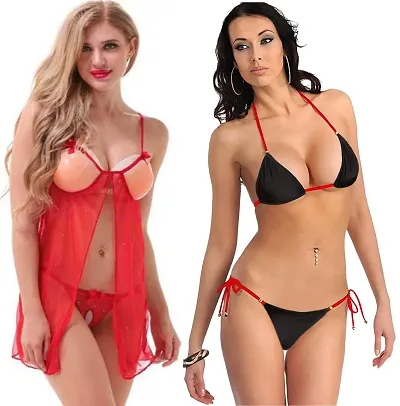 Newba Babydoll Lingerie Combo, Pack for Women/Girls,/Free Size for Sex, Honeymoon Night Sex Nighty (red2-black, 2)