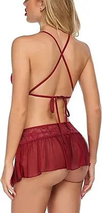 Newba Sexy Lingerie Set 3 Pieces Halter Bra, ,Mini Skirt with G-String, Lace Babydoll Lingerie Set for Newly Married Couples Honeymoon/First Night/Anniversary |for Women/Ladies/NaughtyGirls. (Red1)-thumb1