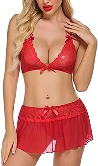 Newba Sexy Lingerie Set 3 Pieces Halter Bra, ,Mini Skirt with G-String, Lace Babydoll Lingerie Set for Newly Married Couples Honeymoon/First Night/Anniversary |for Women/Ladies/NaughtyGirls. (Red)-thumb1