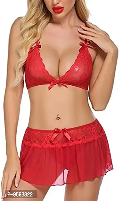 Newba Sexy Lingerie Set 3 Pieces Halter Bra, ,Mini Skirt with G-String, Lace Babydoll Lingerie Set for Newly Married Couples Honeymoon/First Night/Anniversary |for Women/Ladies/NaughtyGirls. (Red)