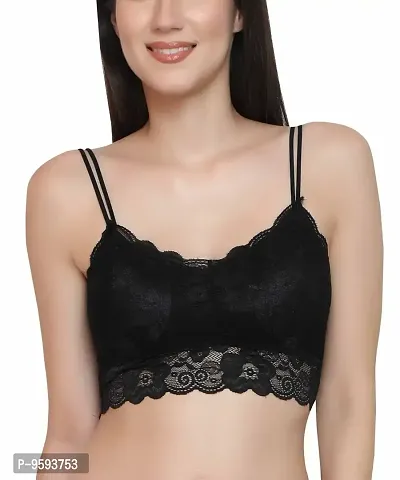Women's Spandex, Cotton Lightly Padded with Removable Pads Wire Free Bralette Bra (RC-LACEBRA2-BLACK_Black_Free Size)