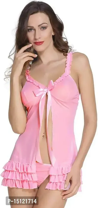 Newba Women Babydoll Nightwear Lingerie. Pink Open Front Design with Panty (Pink)