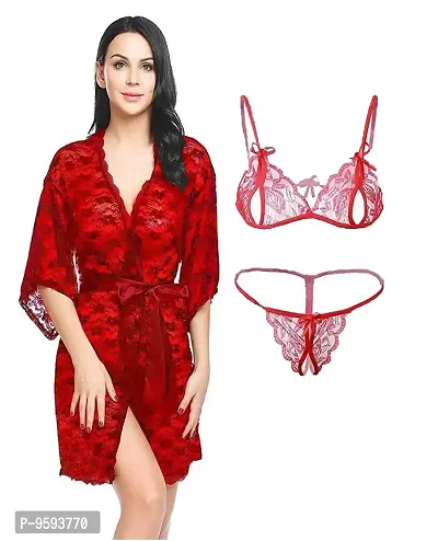 (Combo Offer) Shahnaz Fashion Beautiful Women Lace Front Open Nightwear Robe with Bra Panty Set Free Size. Red (Red)