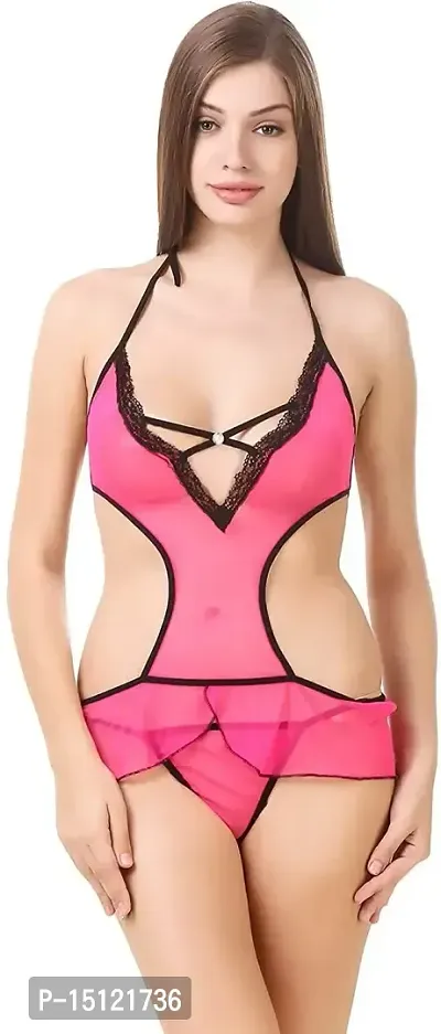 Newba Women's self Design Lingerie Set Babydoll, (Free Size) Black (Pink)-thumb0