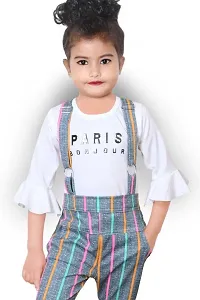 S.M MUNIF DRESSES Trendy Dungaree for Girls Striped Printed Cotton Blend | Western and Traditional Jumpsuit for Girls Kids Dresses | Designer Striped Jumpsuit with Top (2-3 Years, Grey)-thumb2