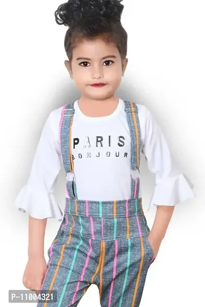 S.M MUNIF DRESSES Trendy Dungaree for Girls Striped Printed Cotton Blend | Western and Traditional Jumpsuit for Girls Kids Dresses | Designer Striped Jumpsuit with Top (2-3 Years, Grey)-thumb3