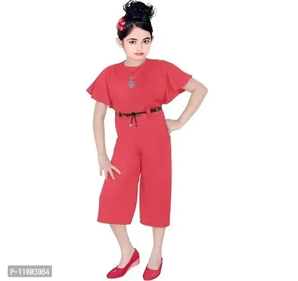 S.M MUNIF DRESSES Trendy Dungaree For Girls Solid Silk Blend | Western And Traditional Jumpsuit For Girls Kids Dresses | Elegant High Waist Designer Sleeves Romper For Girls (7 - 8 Years, Red)