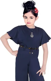 S.M MUNIF DRESSES Trendy Dungaree For Girls Solid Silk Blend | Western And Traditional Jumpsuit For Girls Kids Dresses | Elegant High Waist Designer Sleeves Romper For Girls (5 - 6 Years, Navy Blue)-thumb2