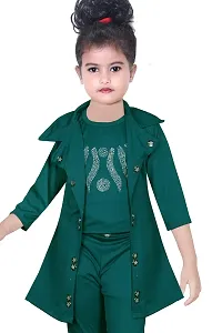 S.M MUNIF DRESSES Trendy Dungaree for Girls Cotton Lycra Blend | Western and Traditional Jumpsuit for Girls Kids Dresses | Designer 3 Piece Dress with Shrug/Coat (4-5 Years, Green)-thumb2